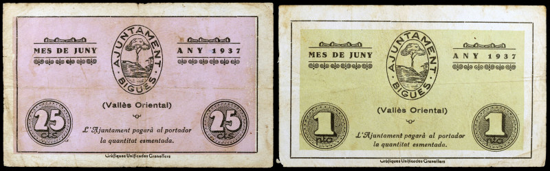 Bigues. 25 céntimos y 1 peseta. (T. 513 y 514). 2 billetes, el de 25 céntimos nº...