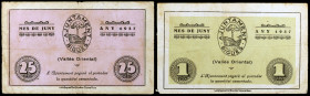 Bigues. 25 céntimos y 1 peseta. (T. 513 y 514). 2 billetes, el de 25 céntimos nº 0016. Escasos. MBC-.