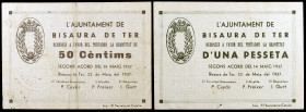 Bisaura de Ter. 50 céntimos y 1 peseta. (T. 519a y 520a). 2 billetes, el de 50 céntimos nº 711. MBC-/EBC-.