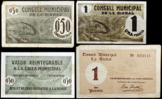 Bisbal d'Empordà, la. 50 céntimos (dos) y 1 peseta (dos). (T. 540 a 542 y 542b). 4 billetes, una serie completa. BC+/MBC-.