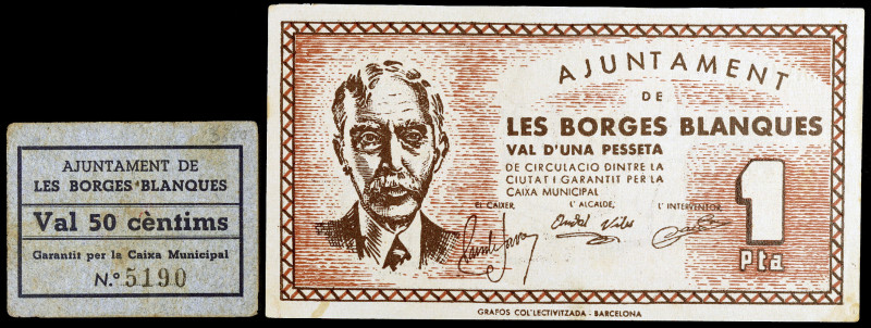 Borges Blanques, les. 50 céntimos y 1 peseta. (T. 582a y 583). Un billete y un c...