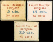 Borrossà. 5, 15 y 25 céntimos. (T. 589, 590 y 591). 3 cartones, todos los de la localidad. Raros. BC+/MBC+.