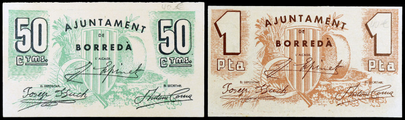Borredà. 50 céntimos y 1 peseta. (T. 592a var y 593c). 2 billetes, todos los de ...
