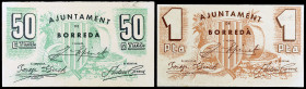 Borredà. 50 céntimos y 1 peseta. (T. 592a var y 593c). 2 billetes, todos los de la localidad. Raros así. EBC/EBC+.