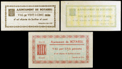 Botarell. 25, 50 céntimos y 1 peseta. (T. 609 var, 610 var y 611). 3 billetes, serie completa. Reverso parcialmente impreso en los 50 céntimos y en la...