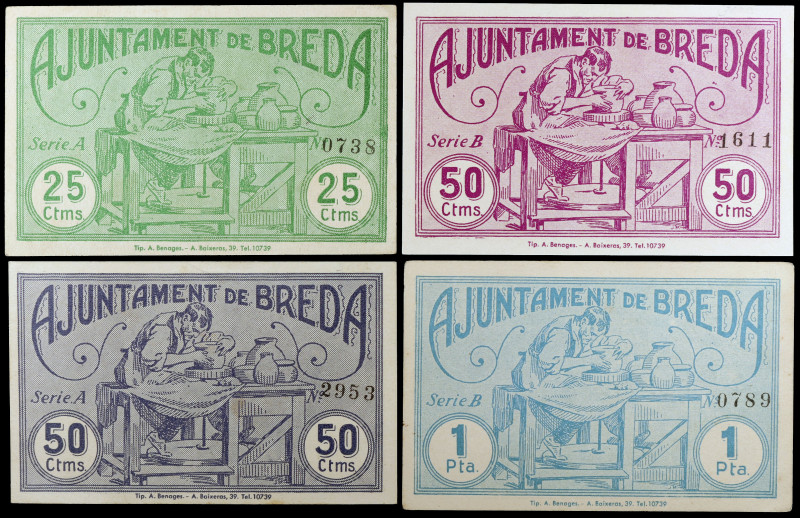 Breda. 25, 50 céntimos (dos) y 1 peseta. (T. 624 a 627). 4 billetes, una serie c...