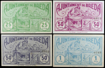 Breda. 25, 50 céntimos (dos) y 1 peseta. (T. 624 a 627). 4 billetes, una serie completa. Escasos así. EBC-/EBC+.