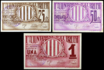 Bruch, el (El Bruc). 25,50 céntimos y 1 peseta. (T. 631, 632 var y 633). 3 billetes, serie completa. Escasos así. MBC+/EBC.