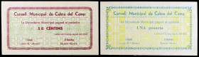 Cabra del Camp. 50 céntimos y 1 peseta. (T. 649 y 650b). 2 billetes, serie completa. El de 1 peseta, nº 1001. Muy raros así. S/C-.