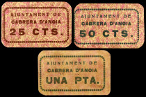 Cabrera d'Anoia. 25, 50 céntimos y 1 peseta. (T. 653a, 657ab y 658ab). 3 cartones, la peseta nº 25 y los 50 céntimos nº 36. Raros y más así. EBC-/EBC....