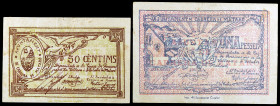 Cabrera de Mataró. 50 céntimos y 1 peseta. (T. 659 y 660). 2 billetes, todos los de la localidad. MBC-/MBC.