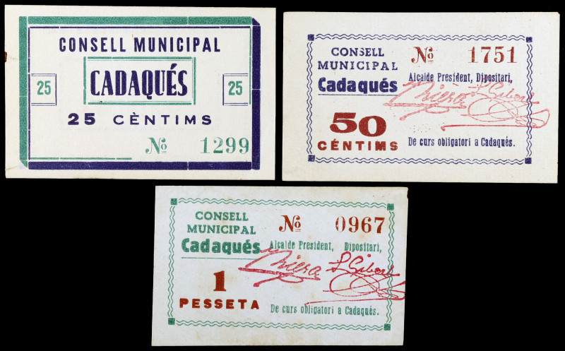Cadaqués. 25, 50 céntimos y 1 peseta. (T. 667, 668e y 673). 3 cartones. Raros y ...