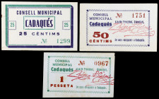 Cadaqués. 25, 50 céntimos y 1 peseta. (T. 667, 668e y 673). 3 cartones. Raros y más así. EBC-/EBC.