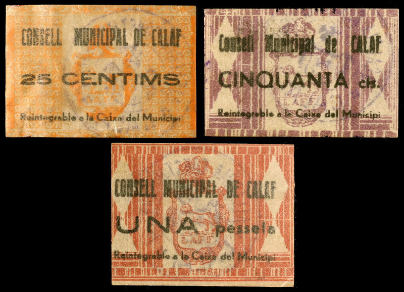 Calaf. 25, 50 céntimos y 1 peseta. (T. 675, 679 y 684. 3 billetes en celuloide. ...