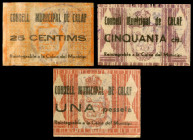 Calaf. 25, 50 céntimos y 1 peseta. (T. 675, 679 y 684. 3 billetes en celuloide. Raros. EBC-/EBC.