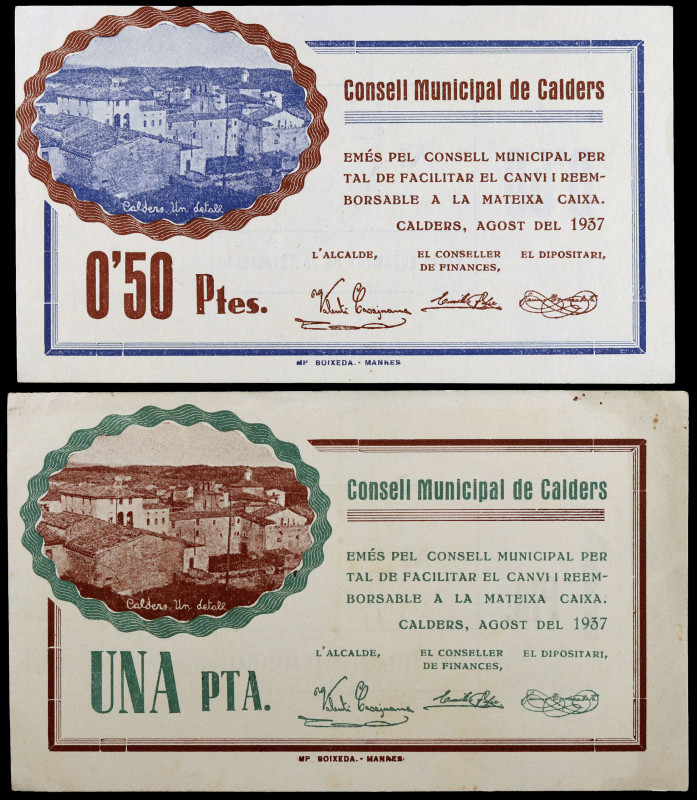 Calders. 50 céntimos y 1 peseta. (T. 688 y 689a). 2 billetes, todos los de la lo...