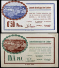 Calders. 50 céntimos y 1 peseta. (T. 688 y 689a). 2 billetes, todos los de la localidad, nº 128 y 240. Raros y más así. EBC-/EBC.