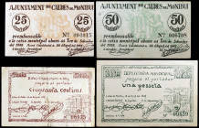 Caldes de Montbui. 25, 50 céntimos (dos) y 1 peseta. (T. 695 a 698). 4 billetes, todos los de la localidad. BC/EBC.