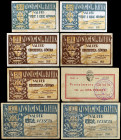 Calella. 25 (dos), 50 céntimos (tres) y 1 peseta (tres). (T. 699, 700 (dos), 701 (tres) y 802a (dos)). 8 billetes, 2 series completas. BC+/MBC+.