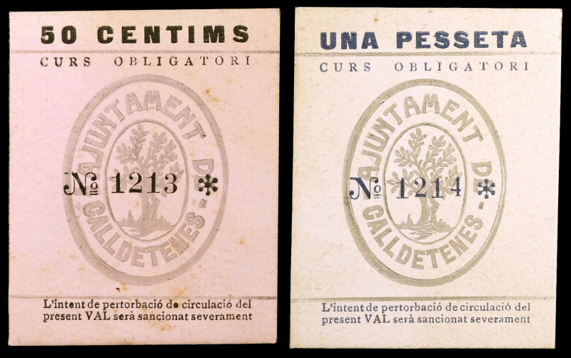 Calldetenes. 50 céntimos y 1 peseta. (T. 706 y 707). 2 cartones. Raros y más así...