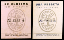 Calldetenes. 50 céntimos y 1 peseta. (T. 706 y 707). 2 cartones. Raros y más así. EBC+.