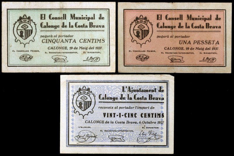 Calonge de la Costa Brava. 25, 50 céntimos y 1 peseta. (T. 711, 712 y 715a). 3 b...