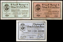 Calonge de la Costa Brava. 25, 50 céntimos y 1 peseta. (T. 711, 712 y 715a). 3 billetes, una serie completa. BC+/MBC-.
