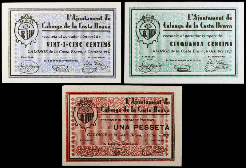 Calonge de la Costa Brava. 25, 50 céntimos y 1 peseta. (T. 713, 714 y 715a). 3 b...