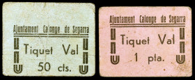 Calonge de Segarra. 50 céntimos y 1 peseta. (T. 716 y 717). 2 cartones, todos los de la localidad. Raros. MBC-/MBC.