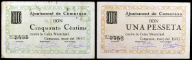 Camarasa. 50 céntimos y 1 peseta. (T. 718 y 719). 2 billetes, todos los de la localidad. Raros. BC+/MBC+.