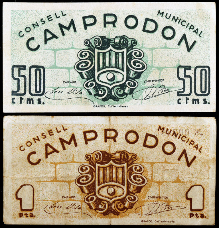 Camprodon. 50 céntimos y 1 peseta. (T. 737b y 738a). 2 billetes. Raros. MBC-/EBC...