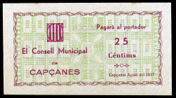 Capçanes. 25 céntimos. (T. 763c). Nº 129. Raro así. EBC+.