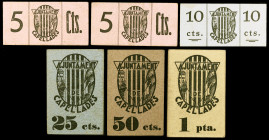 Capellades. 5 (dos), 10, 25, 50 céntimos y 1 peseta. (T. 770 a 772, 776 y 777 (dos)). 6 cartones, 2 series completas. Conjunto raro. MBC/EBC.