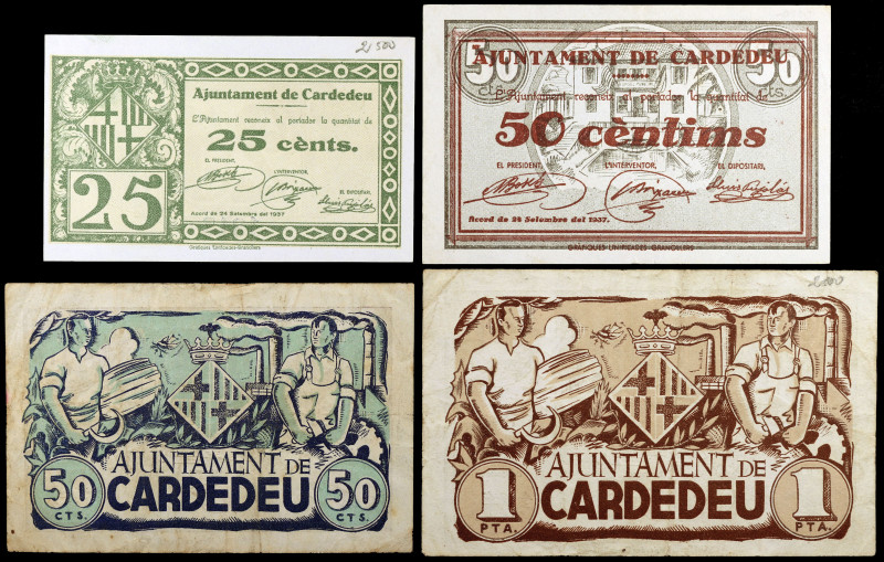 Cardedeu. 25, 50 céntimos (dos) y 1 peseta. (T. 780 a 782 y 783a). 4 billetes, t...