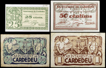 Cardedeu. 25, 50 céntimos (dos) y 1 peseta. (T. 780 a 782 y 783a). 4 billetes, todos los de la localidad. MBC-/EBC.