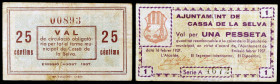 Cassà de la Selva. 25 céntimos y 1 peseta. (T. 805 y 807). 2 billetes, la primera peseta muy rara. BC+/MBC-.