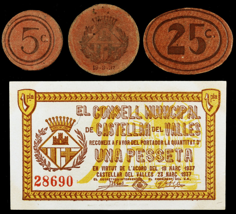 Castellar del Vallès. 5, 10, 25 céntimos y 1 peseta. (T. 808 a 811). 3 cartones ...