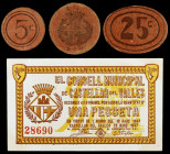Castellar del Vallès. 5, 10, 25 céntimos y 1 peseta. (T. 808 a 811). 3 cartones y un billete, todos los de la localidad, los cartones raros. MBC-/MBC+...