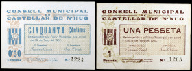 Castellar de N'Hug. 50 céntimos y 1 peseta. (T. 812a y 813). Error: N'Nug en el billete de 1 peseta. Serie completa, todos los de la localidad. Muy ra...