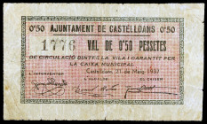 Castelldans. 50 céntimos. (T. 832). Restos de charnela en reverso. Ex Colección Mendizábal, Áureo 22/04/1998, nº 5307. Muy raro. MBC-.