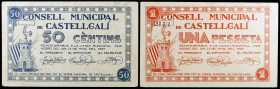 Castellgalí. 50 céntimos y 1 peseta. (T. 853b y 854c). 2 billetes, serie completa. Escasos. MBC+/EBC-.