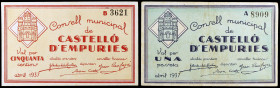 Castelló d'Empúries. 50 céntimos y 1 peseta. (T. 869 y 870). 2 billetes, serie completa. MBC/EBC.
