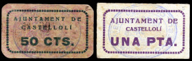 Castellolí. 50 céntimos y 1 peseta. (T. 876 y 881b). 2 cartones, el de 50 céntimos nº 97. Raros. MBC/MBC+.