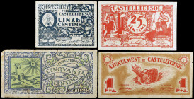 Castelltersol. 15, 25, 50 céntimos y 1 peseta. (T. 890 a 893). 4 billetes, todos los de la localidad. BC+/MBC.