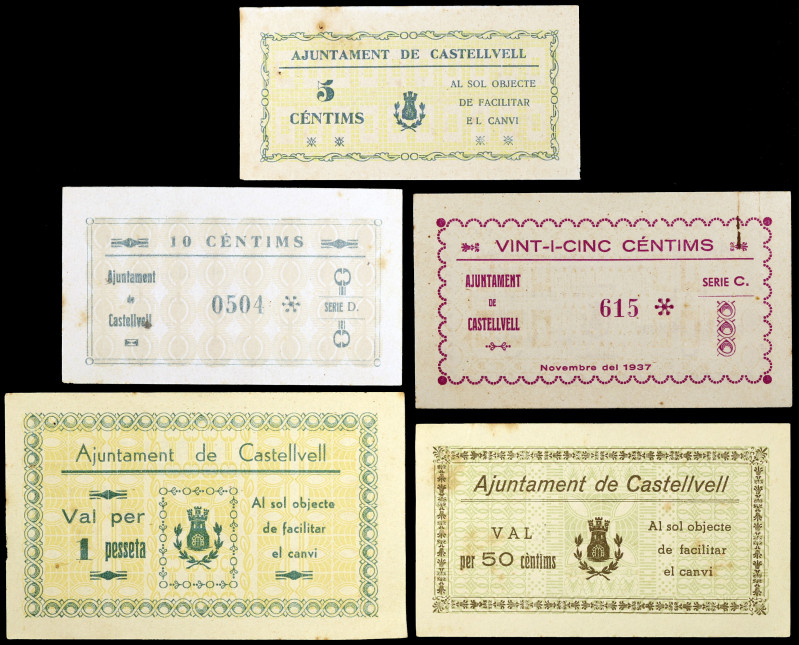 Castellvell del Camp. 5, 10, 25, 50 céntimos y 1 peseta. (T. 898a var, 899c, 900...