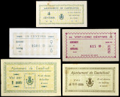 Castellvell del Camp. 5, 10, 25, 50 céntimos y 1 peseta. (T. 898a var, 899c, 900ab, 901 var y 902 var). 5 billetes, serie completa, uno con restos de ...