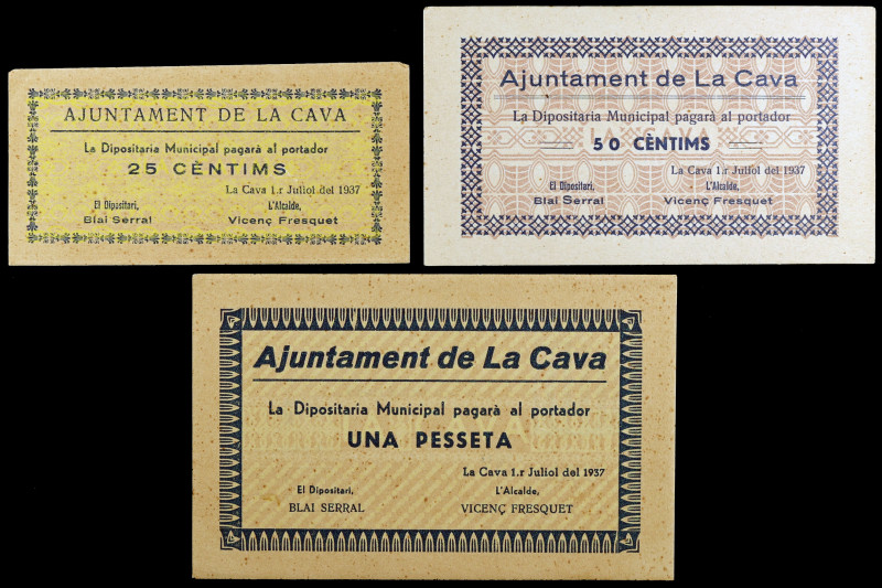 Cava, la. 25, 50 céntimos y 1 peseta. (T. 915b, 916b y 917a). 3 billetes, todos ...