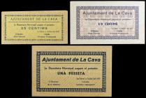 Cava, la. 25, 50 céntimos y 1 peseta. (T. 915b, 916b y 917a). 3 billetes, todos los de la localidad. Los 50 céntimos nº 99999 y los 25 céntimos, nº 19...