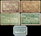 Centelles. 50 céntimos (tres) y 1 peseta (dos). (T. 930, 931, 931a, 932 y 932a). 4 billetes y un cartón, éste raro (nº 229), 2 series completas. BC/EB...