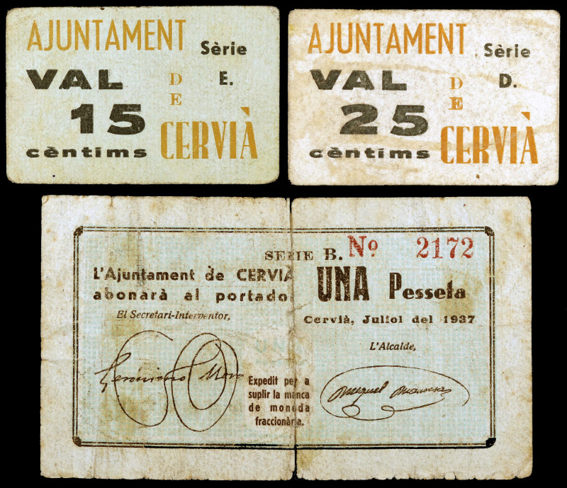 Cervià de les Garrigues. 15, 25 céntimos y 1 peseta. (T. 947, 949a y 950a). 2 ca...